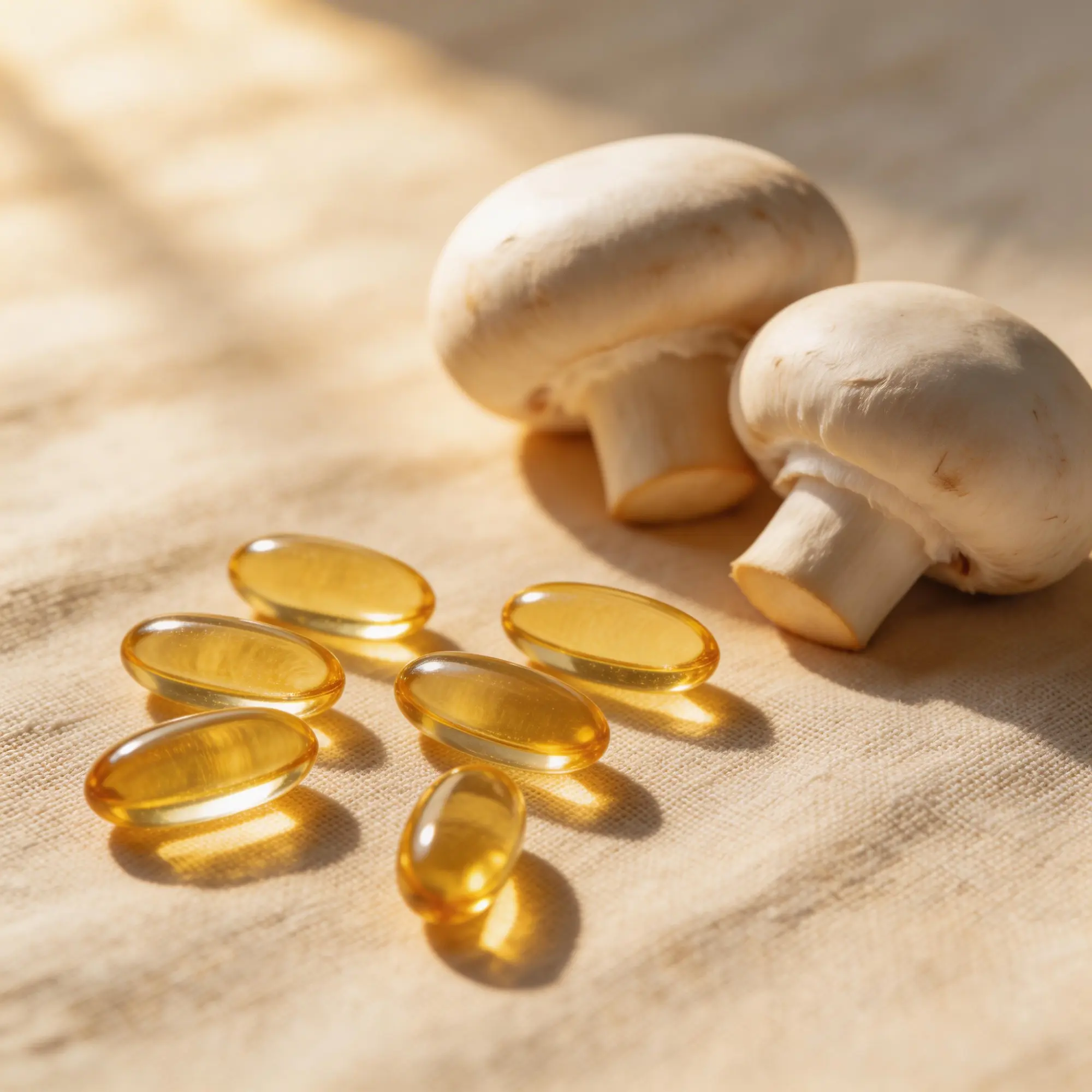 Vitamin D3 supplement capsules with sunlight and natural food sources